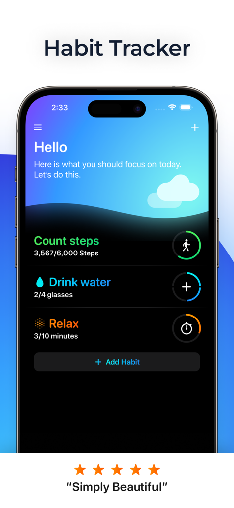 HabitApp: Habit Tracker - Habit Tracker app dashboard with daily progress for steps water and relaxation