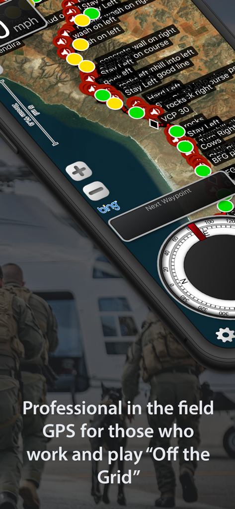 LeadNav GPS mobile app displaying a tactical route with waypoints on a satellite map for off-grid use