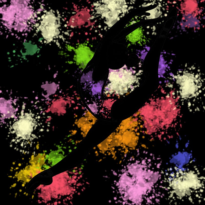 gymnast doing a leap in a leotard with a bent back leg