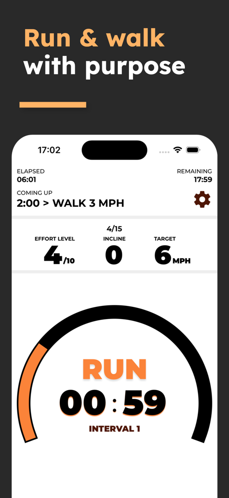 Treadmill Workout: Running - Laufband-Workout-App-Oberfläche, die einen Laufintervall-Timer mit Geschwindigkeits- und Steigungsmetriken zeigt.