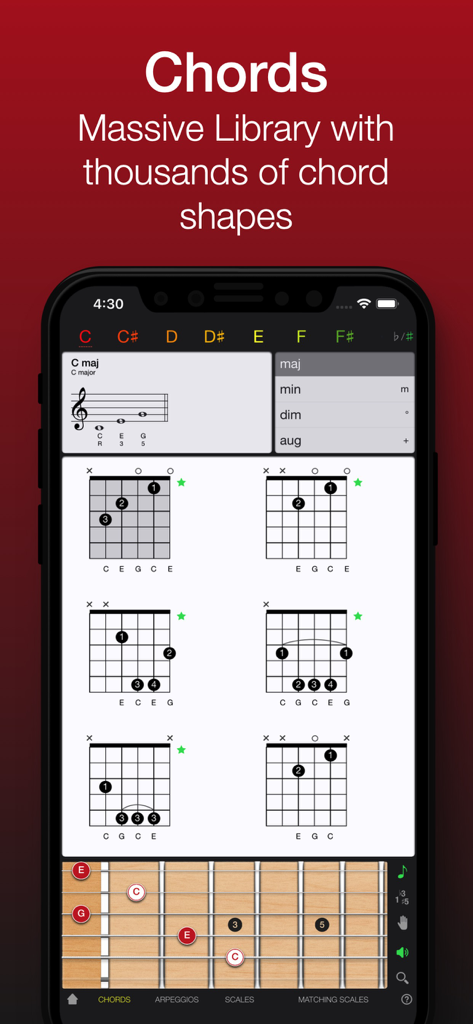 Guitar Gravitas: Total ed. - Cメジャーの膨大なコード形状ライブラリとフレットボード図を表示するプロフェッショナルなギターアプリインターフェース。