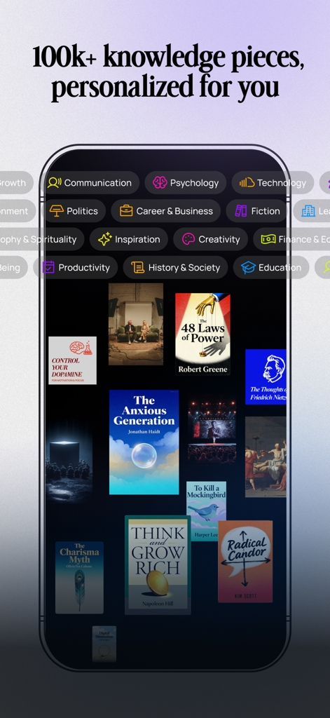 BeFreed app interface showing a personalized library of book summaries and learning categories like psychology and technology