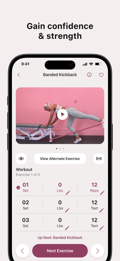 Athli app screen showing a video guide and logging table for banded kickback exercises