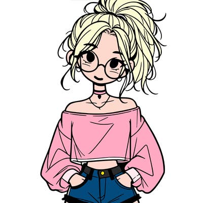 girl with a messy ponytail glasses a baggy crop top and jean shorts