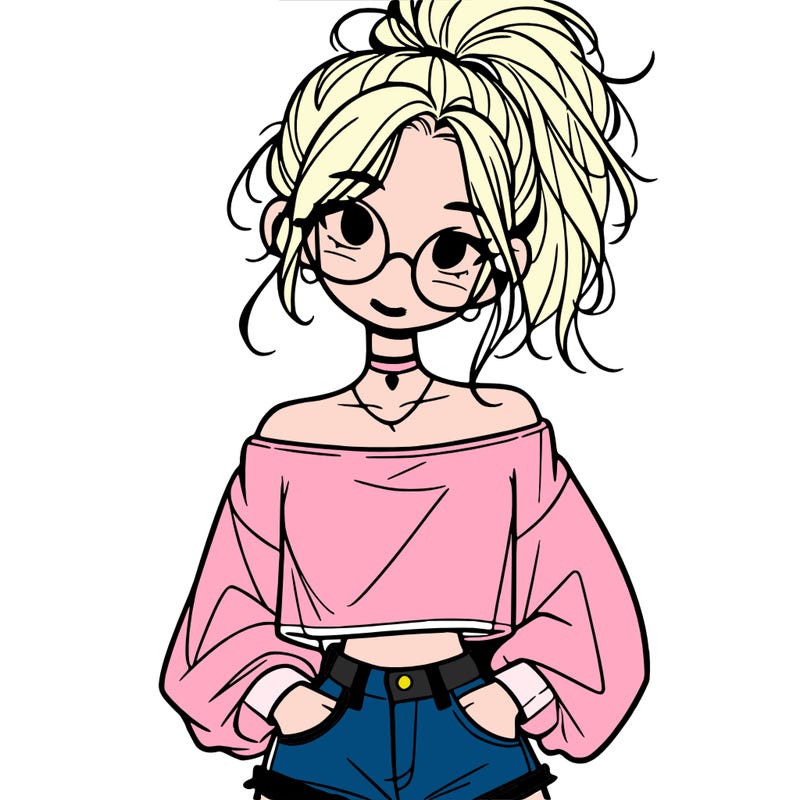 girl with a messy ponytail glasses a baggy crop top and jean shorts