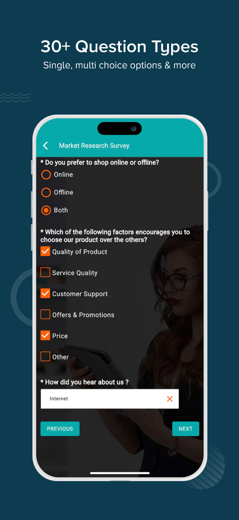 GoSurvey - Offline Survey - GoSurvey app showing a market research survey with multiple choice and single choice question types.