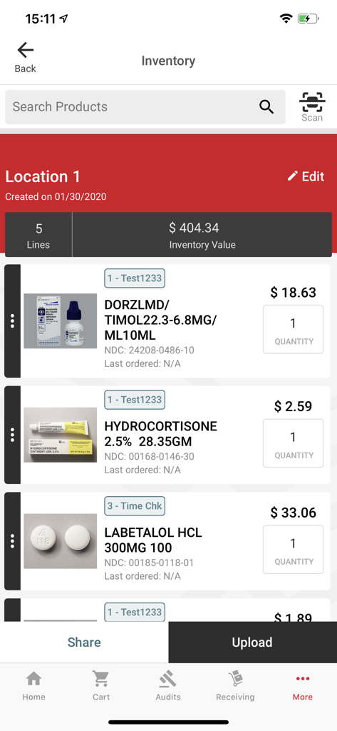 Pharmacy inventory management screen in the Order Express app showing a list of medical products with names prices and total inventory value