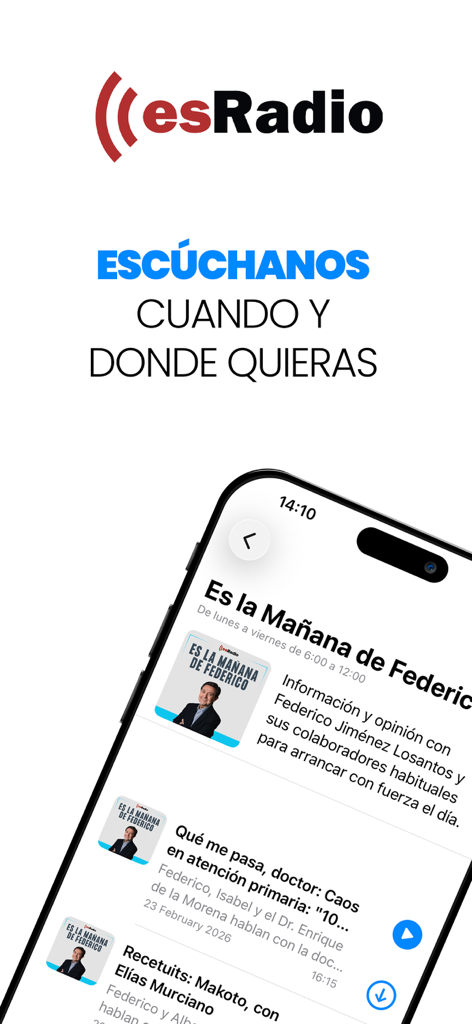 Interface do aplicativo esRadio mostrando a lista de podcasts do programa Federico Jimenez Losantos