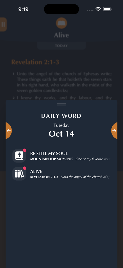 MyOwnBible - Daily Word screen in MyOwnBible app featuring scripture readings and devotional content