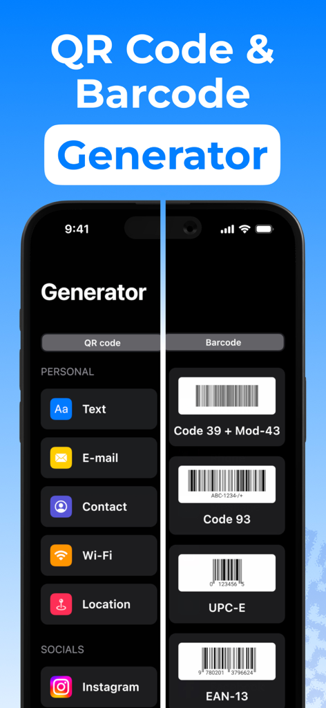 Interface of the QR Scanner app for iPhone showing options to generate personal QR codes and various barcode formats