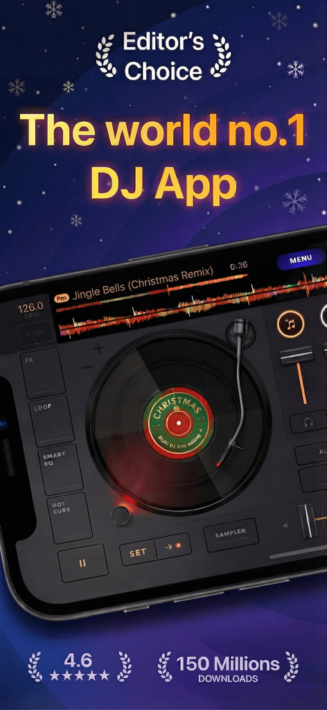 Interface of edjing Mix DJ app showing a virtual turntable with pro audio features