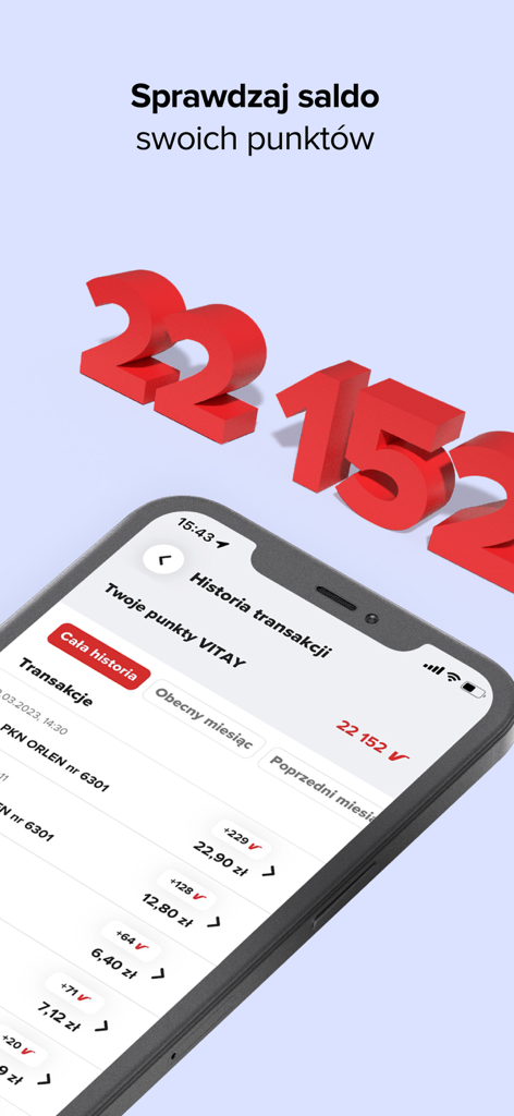 ORLEN VITAY app screen displaying loyalty points balance and transaction history