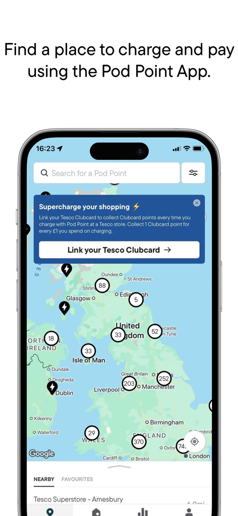 Pod Point app displaying a map of EV charging stations and a Tesco Clubcard rewards link