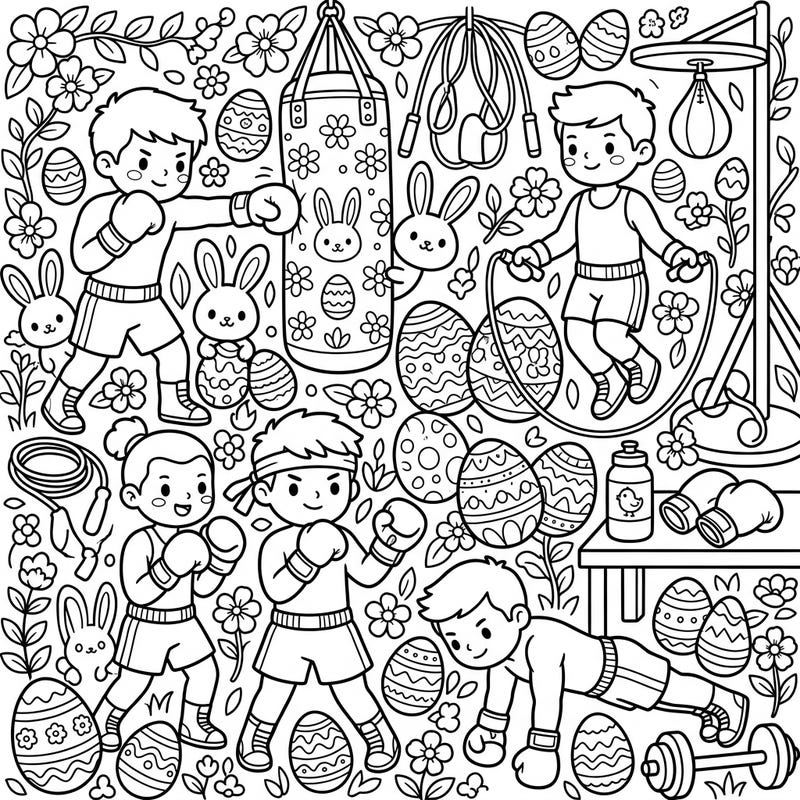 Combine the thrill of the ring with the joy of spring in this unique coloring page! Our Easter Boxers Training scene is packed with cute characters, festive eggs, and dynamic boxing action, perfect for a creative challenge.