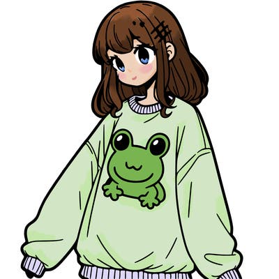 girl wearing frogging sweatshirt