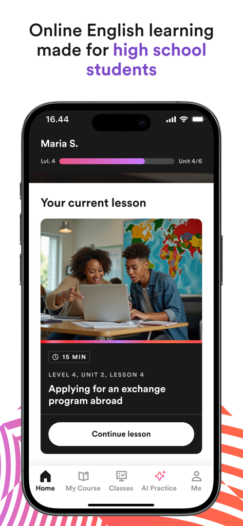 Efekta app interface showing an English lesson for high school students about exchange programs abroad