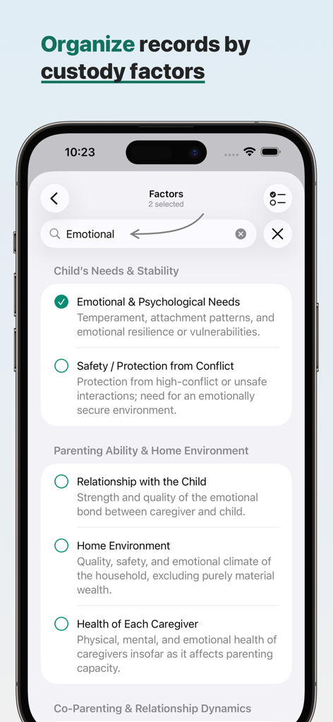 Interface de l'application Alimentor 2 pour étiqueter les journaux parentaux avec des facteurs de garde reconnus par le tribunal.