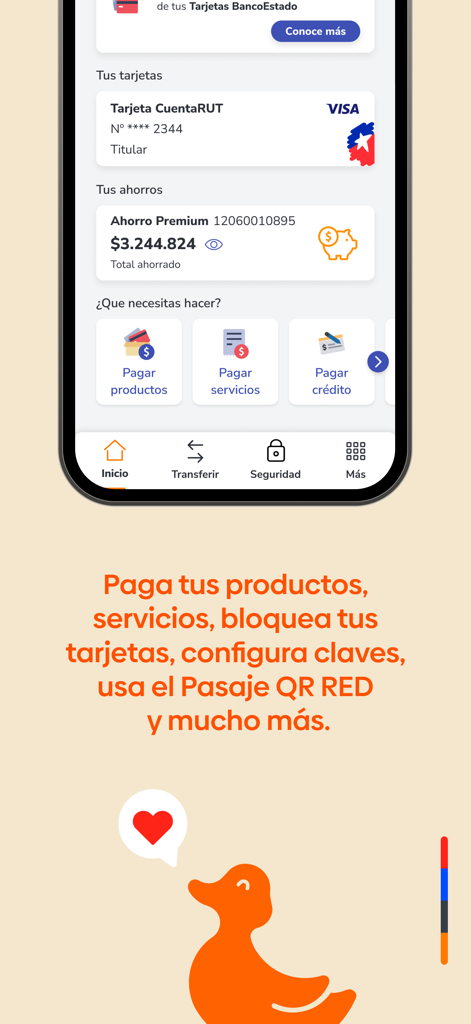 BancoEstado mobile app interface showing account balance and financial service buttons.