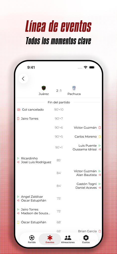 Eventos del partido en tiempo real y línea de tiempo para un partido de fútbol de la Liga MX en la app.