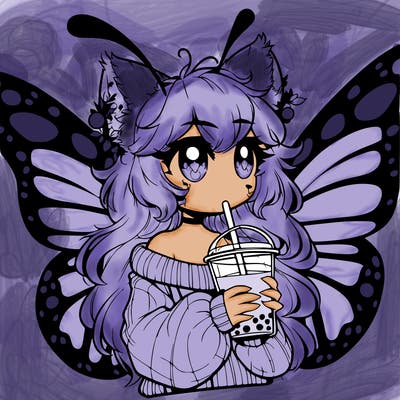 a realistic butterfly/furry girl drinking boba