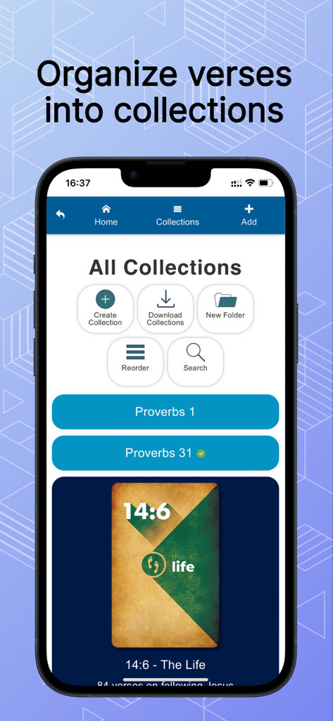 A mobile screen showing organized Bible verse collections in the VerseLocker app.
