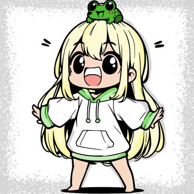 a excited chibi girl whith long hair and a baggy shirt whith a frog on there head