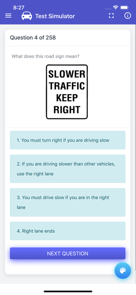 Captura de tela do aplicativo Teste Prático DVS de Minnesota mostrando uma pergunta de múltipla escolha sobre um sinal de trânsito 'Tráfego Lento Mantenha-se à Direita'.