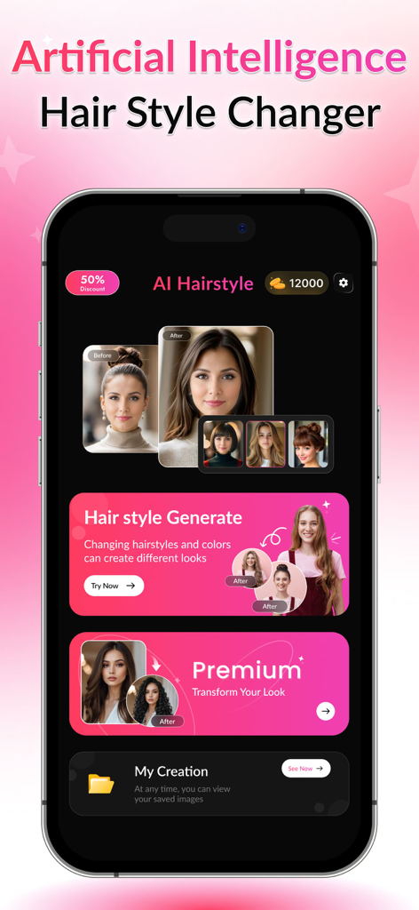AI Hairstyle Try On: Color Cut - Smartphone screen showing the AI Hairstyle Try On app interface with before and after virtual hair transformations and premium subscription options.
