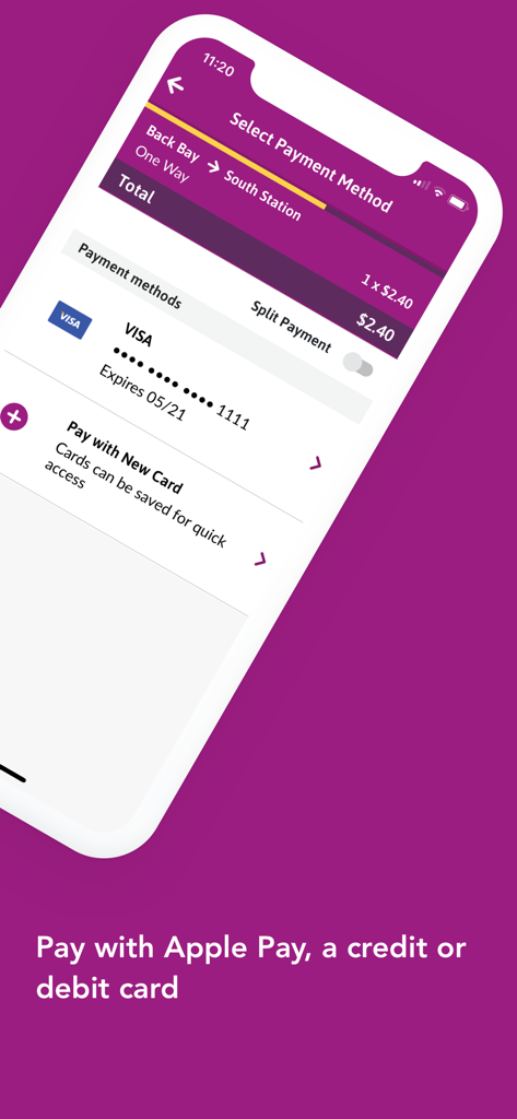 MBTA mTicket - Captura de pantalla de la aplicación MBTA mTicket que muestra la pantalla de selección de pago para un boleto de tren de Back Bay a South Station.