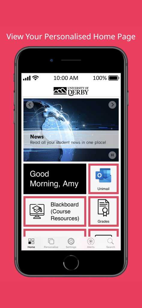 Personalised home page of the University of Derby student app showing links to email, course resources, and grades