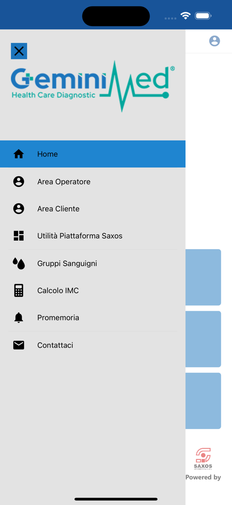 Un menu de navigation latéral de l'application médicale Gemini Med affichant diverses options pour les patients et les opérateurs.