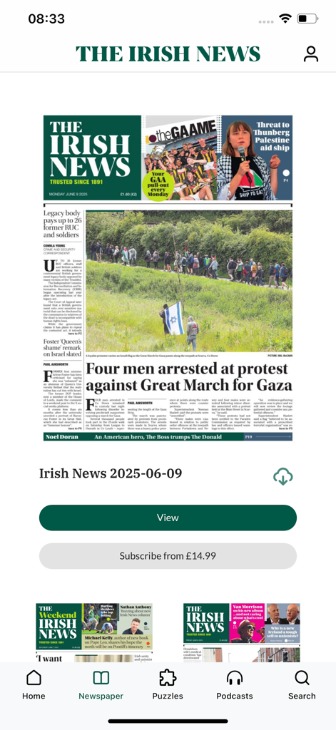 The Irish News Digital Edition - A screenshot of The Irish News Digital Edition app showing the daily newspaper front page with options to view or subscribe.