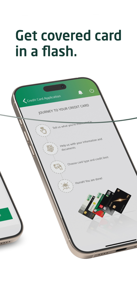 Smartphone screen showing the steps to apply for a DIB alt covered card in the mobile banking app