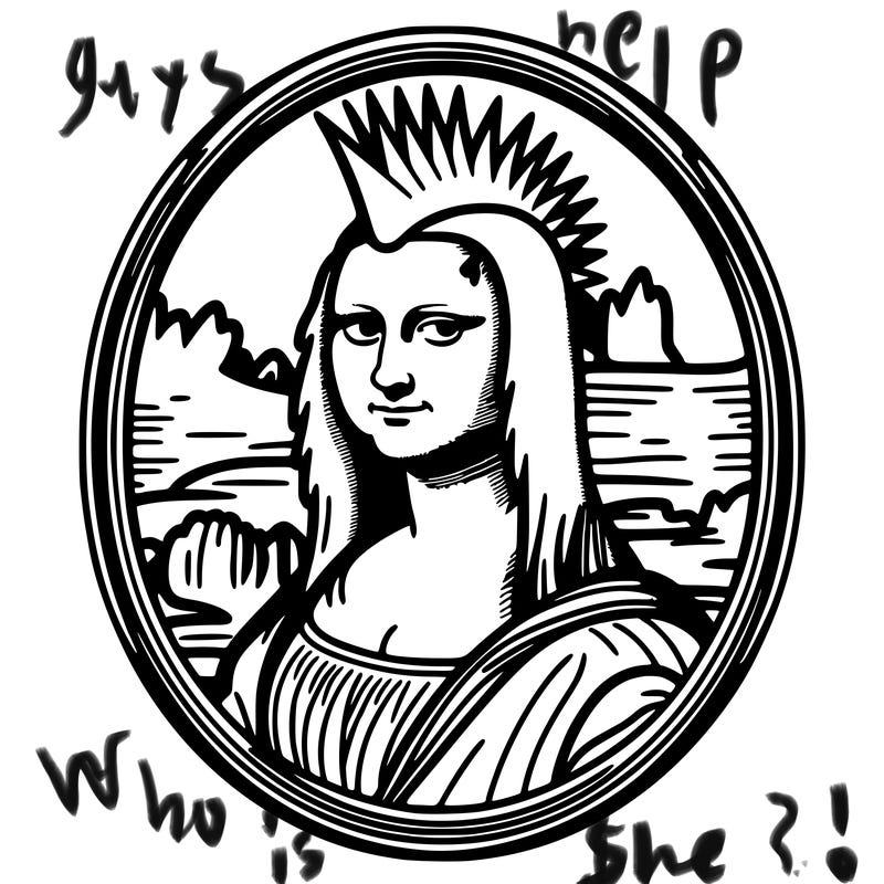 leonardo da vinci's "mona lisa" with punk hairstyle, realistic, thin borders