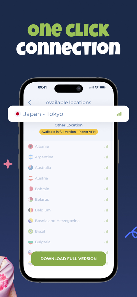 Pantalla del iPhone que muestra la conexión con un clic a un servidor de Tokio, Japón, en la aplicación VPN