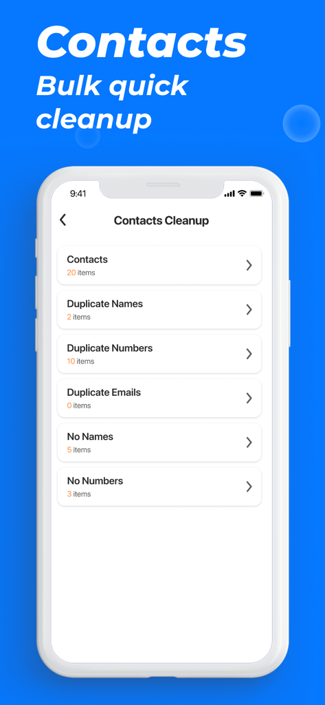 スマートフォン画面。重複した氏名や電話番号の削除オプションが表示された連絡先クリーニングインターフェースを表示。