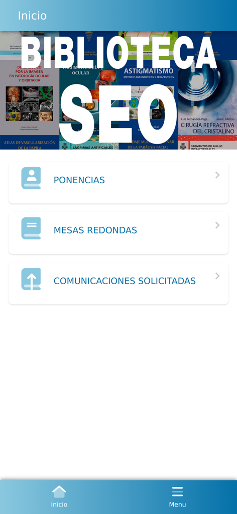 Menú principal de la aplicación Biblioteca SEO que muestra opciones de publicaciones médicas de oftalmología