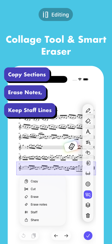 Interfaz de la aplicación digitalScore destacando la herramienta de combinación y las funciones de borrador inteligente para editar partituras.