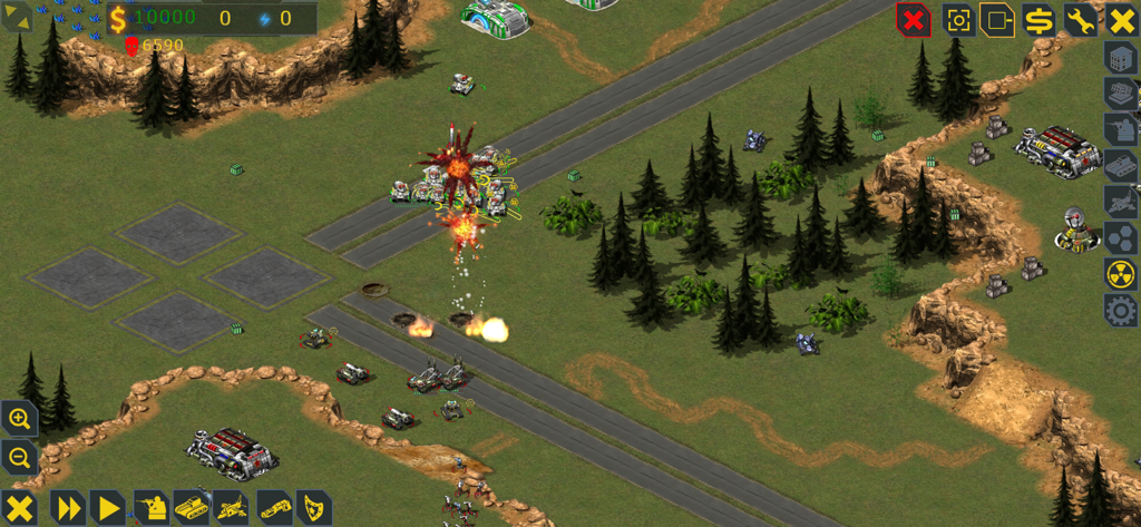 Classic 2D isometric RTS gameplay in RedSun showing military units and a base explosion.