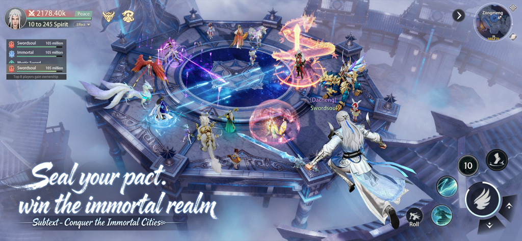 Battle arena gameplay in Eternal Sword Pact featuring various characters and mythical familiars