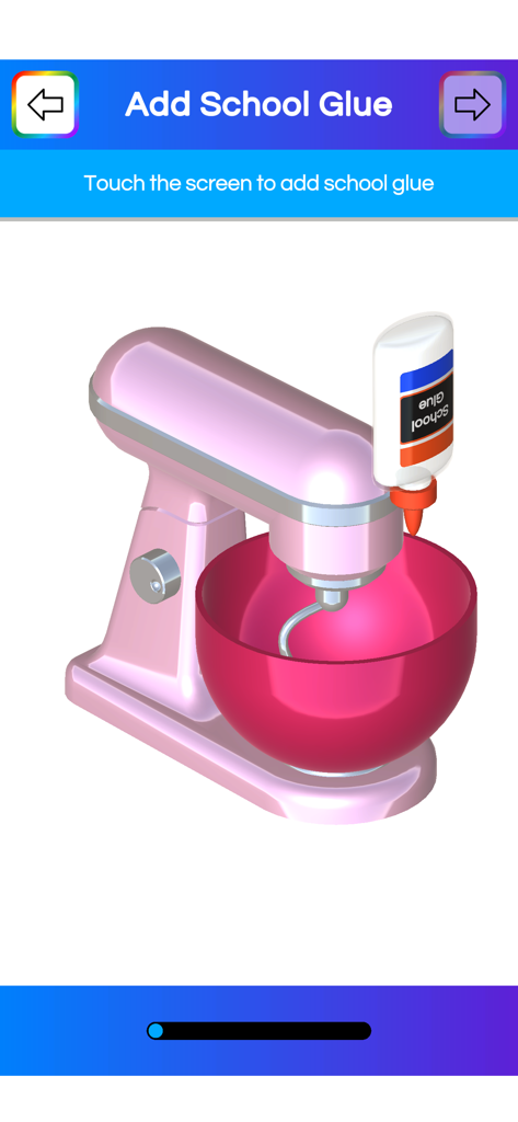 Adding school glue to a pink stand mixer in the Virtual Slime app simulator.