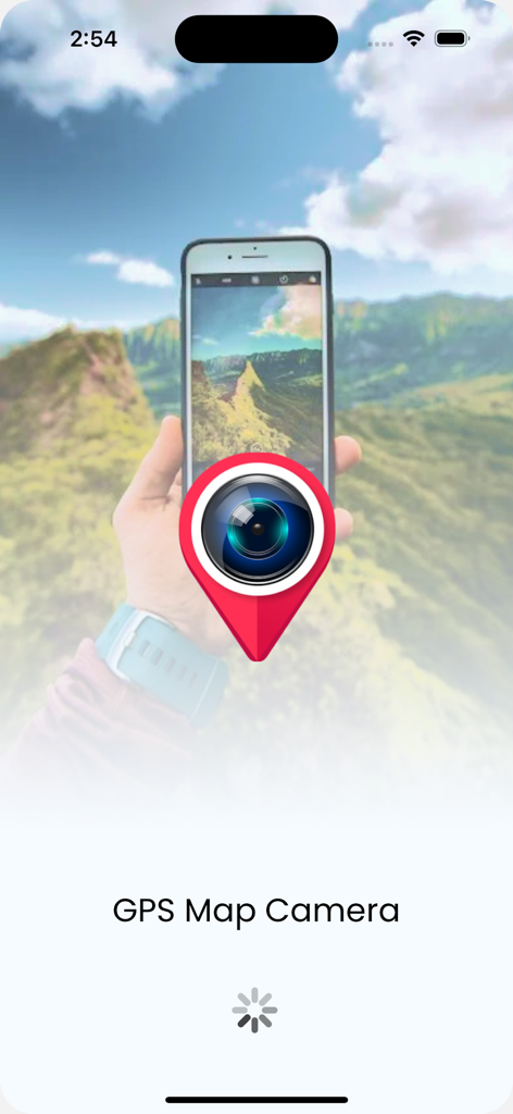 GPS Map Camera & Timestamp - Splash screen for the GPS Map Camera app featuring a camera lens icon inside a red location pin.