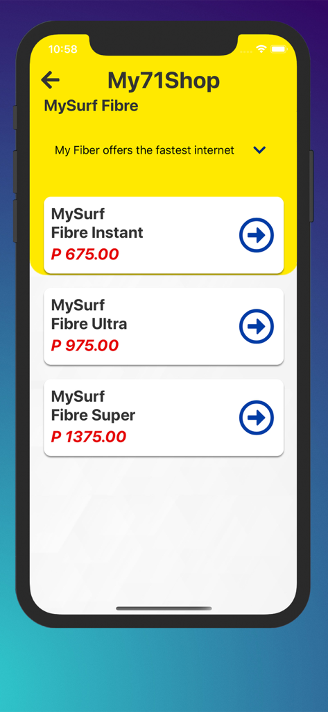 MascomOnline - MascomOnline app screen showing My71Shop with MySurf Fibre internet subscription plans and pricing