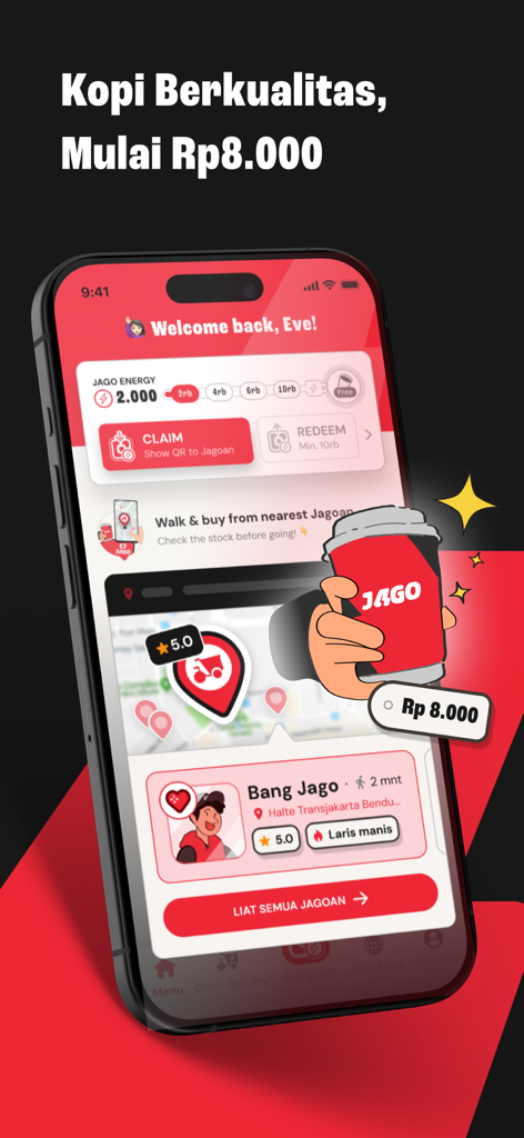 Jago mobile app interface showing a map for locating coffee carts and a starting price of 8000 rupiah.