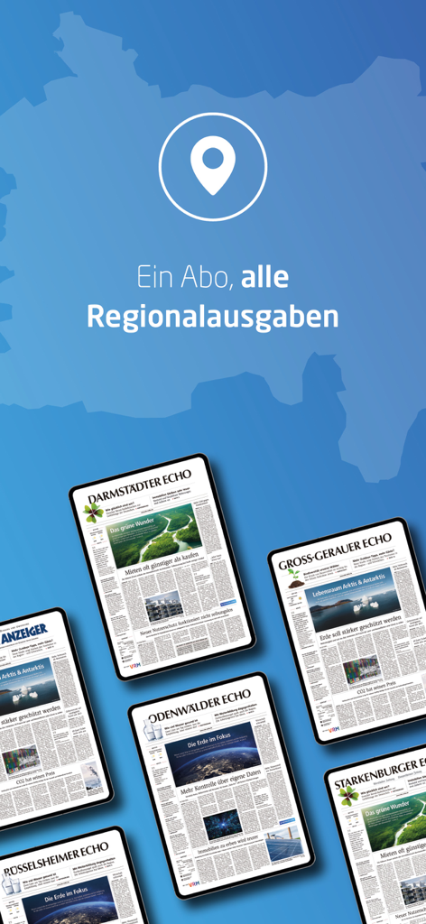 Eine Anzeige mehrerer Tablet-Bildschirme, die verschiedene regionale Nachrichtenausgaben des Echo unter einem einzigen Abonnement zeigen.