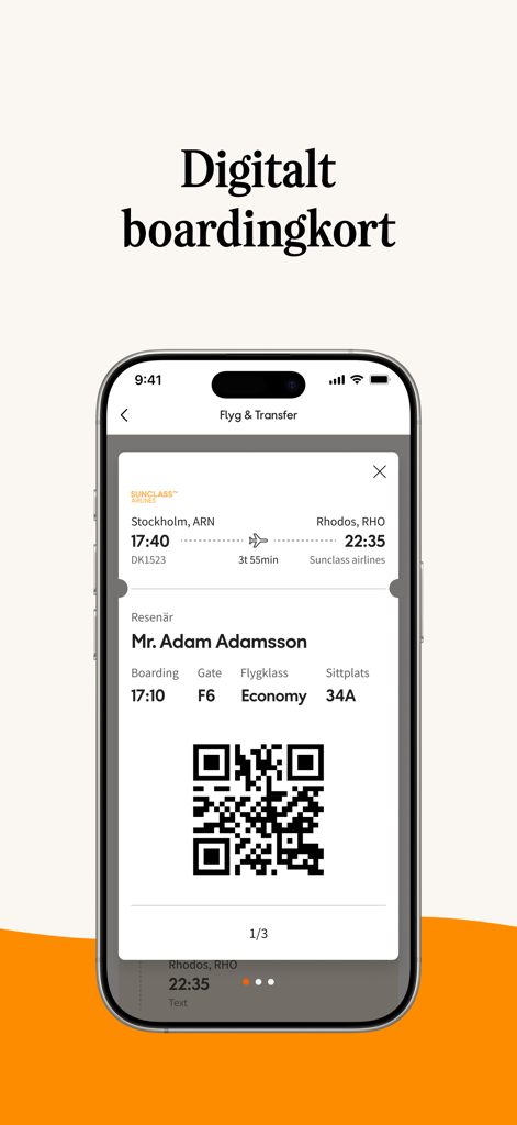 Carte d'embarquement numérique pour Sunclass Airlines affichée dans l'application de voyage Ving
