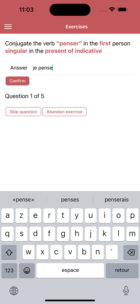 Screenshot of an interactive French verb conjugation exercise for the verb penser in the present tense