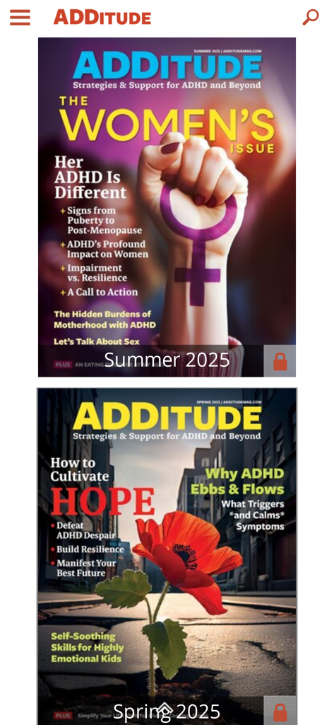ADDitude Magazine - ADDitude Magazine app interface showing recent digital issues for ADHD support and strategies