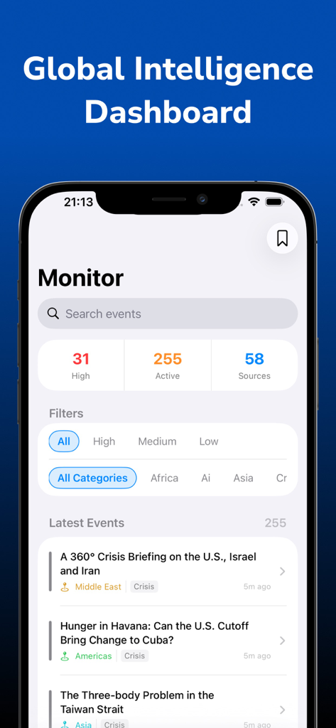 World Monitor - Conflict Track - World Monitor app interface showing a global intelligence dashboard with threat level statistics and a feed of latest geopolitical events