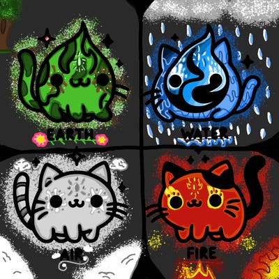 4 cats that represent the different elements, earth, water, air, and fire